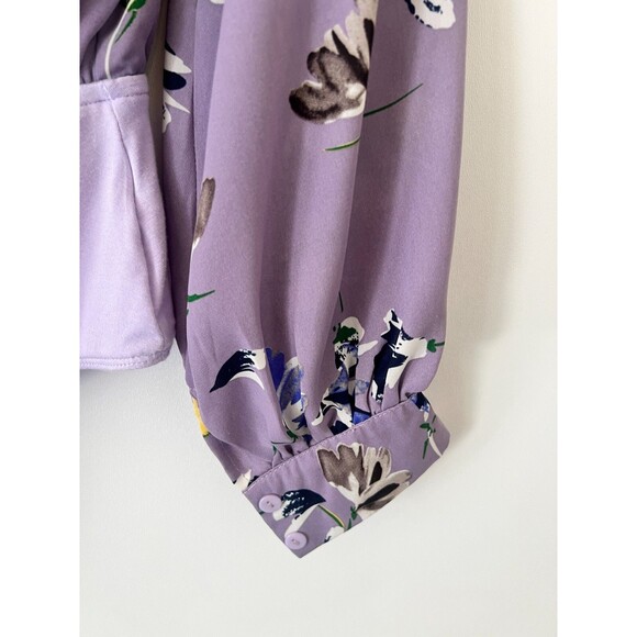 Superdown Revolve Bodysuit Top Womens Small Purple Floral Faux Wrap Long Sleeve - Picture 12 of 14